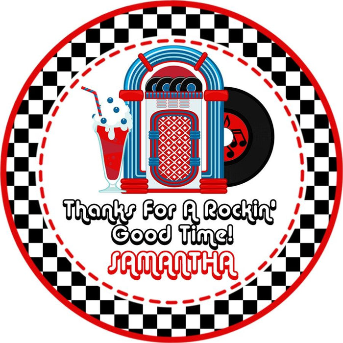Retro rock and roll birthday favor label in red and blue