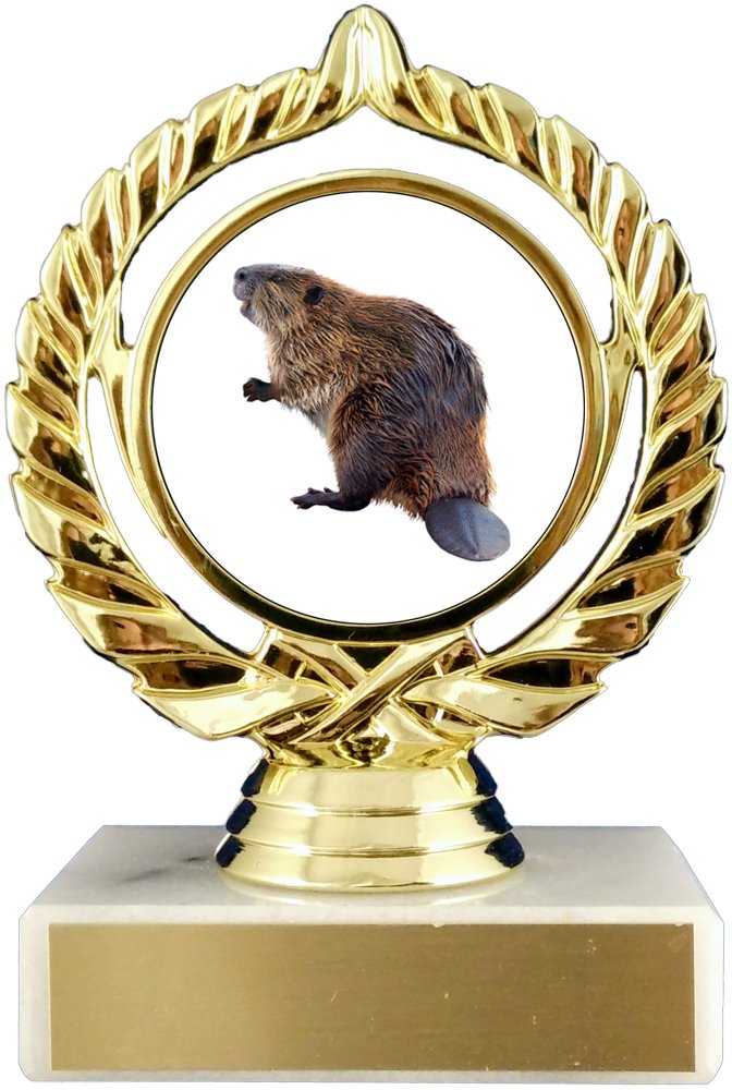 A trophy featuring an image of a beaver in the center, with a gold-colored ornate frame on the white marble base, with gold engraving plate.