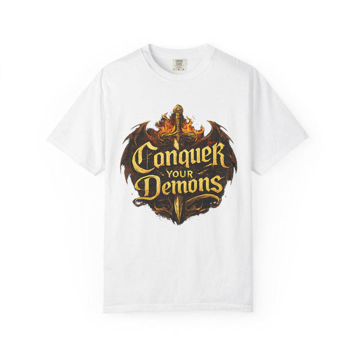Conquer Your Demons T-Shirt — Gothic Sword & Flames Motivational Tee