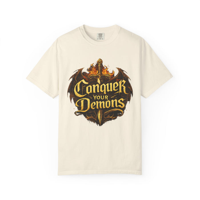 Conquer Your Demons T-Shirt — Gothic Sword & Flames Motivational Tee