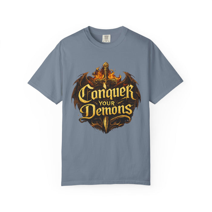 Conquer Your Demons T-Shirt — Gothic Sword & Flames Motivational Tee