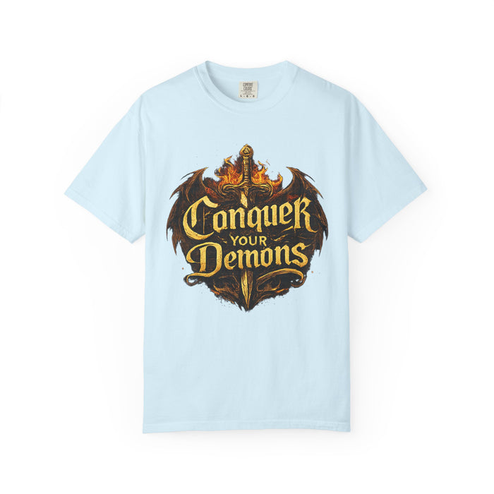 Conquer Your Demons T-Shirt — Gothic Sword & Flames Motivational Tee