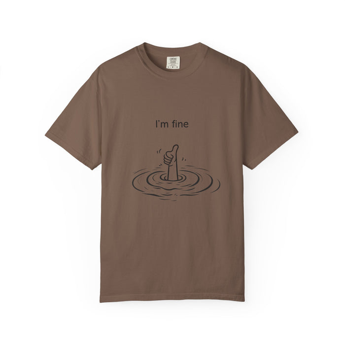 I’m Fine T-Shirt — Minimal Funny Tee with Thumbs-Up Drowning Illustration