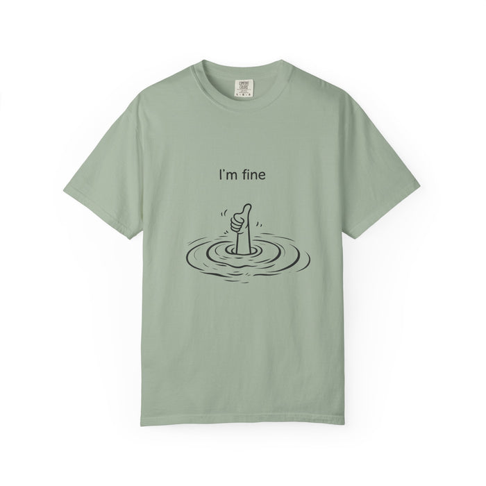 I’m Fine T-Shirt — Minimal Funny Tee with Thumbs-Up Drowning Illustration