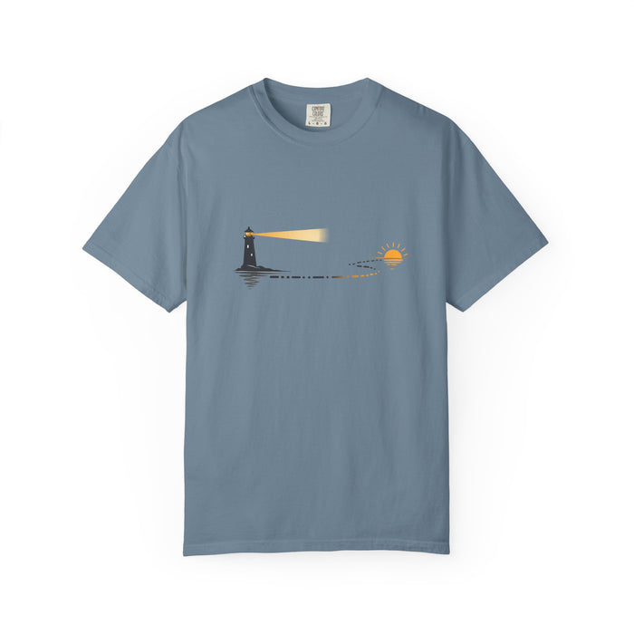 Lighthouse Sunset T-Shirt — Nautical Coastal Tee with Beacon Graphic