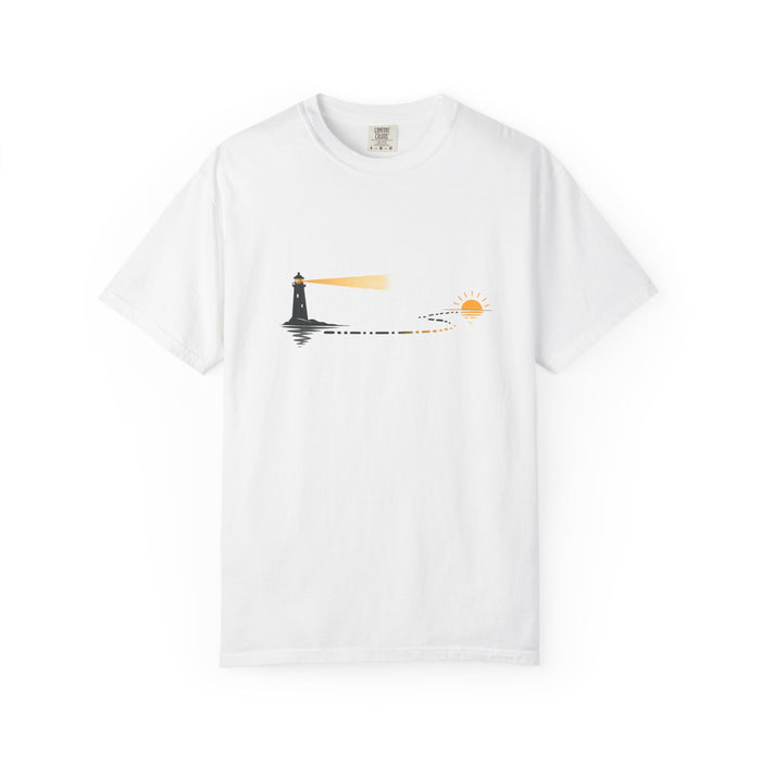 Lighthouse Sunset T-Shirt — Nautical Coastal Tee with Beacon Graphic