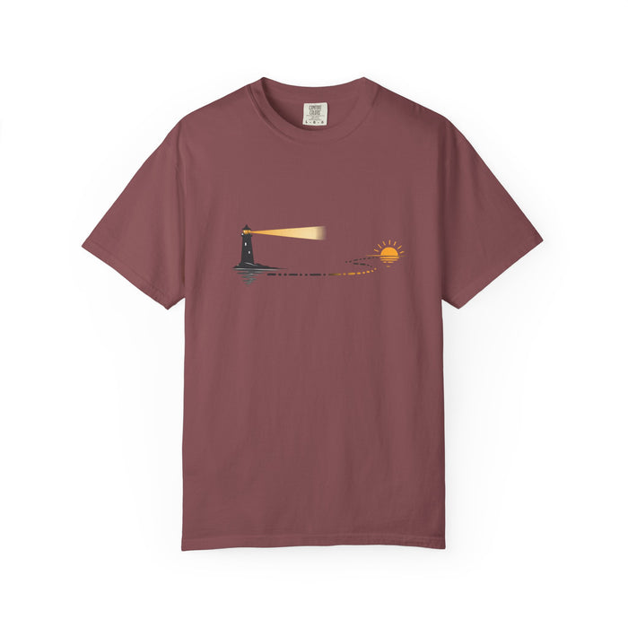 Lighthouse Sunset T-Shirt — Nautical Coastal Tee with Beacon Graphic