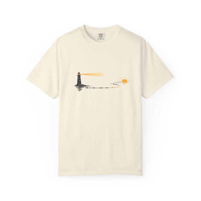 Lighthouse Sunset T-Shirt — Nautical Coastal Tee with Beacon Graphic