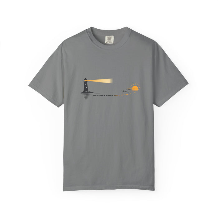 Lighthouse Sunset T-Shirt — Nautical Coastal Tee with Beacon Graphic