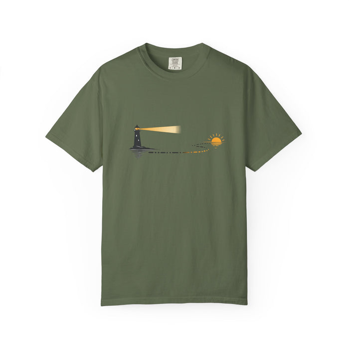 Lighthouse Sunset T-Shirt — Nautical Coastal Tee with Beacon Graphic