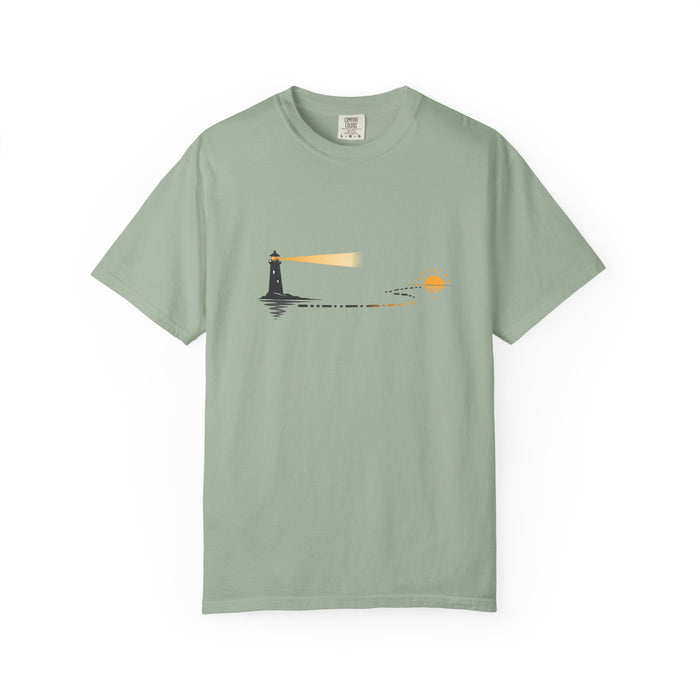 Lighthouse Sunset T-Shirt — Nautical Coastal Tee with Beacon Graphic
