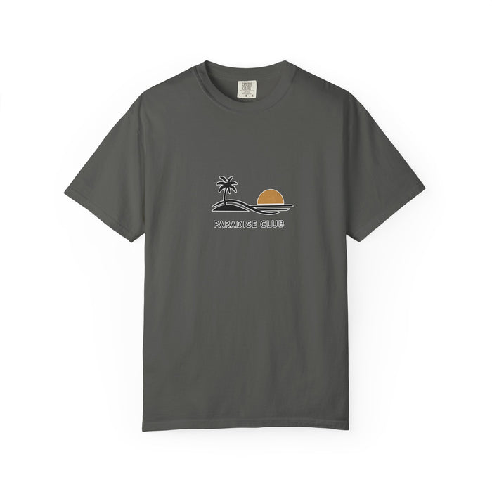 Paradise Club Tee — Minimal Sunset Palm Graphic T-Shirt