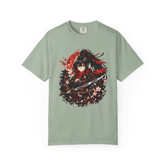 Samurai Anime Girl T-Shirt — Red Moon & Sakura Sword Art Tee