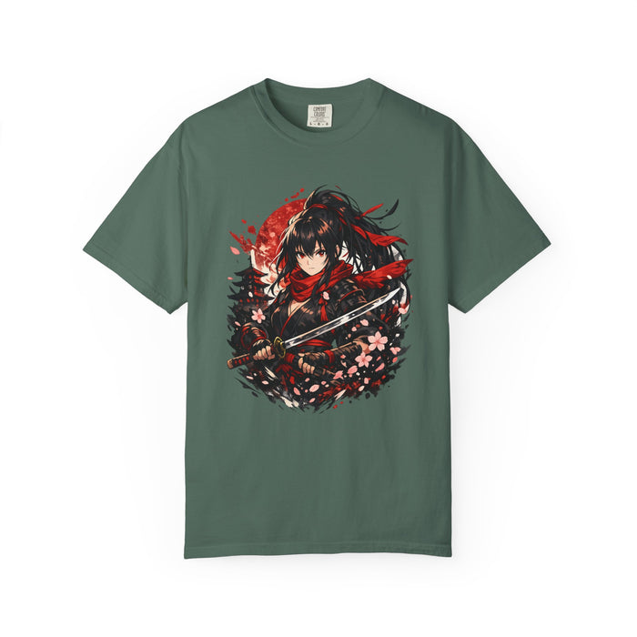 Samurai Anime Girl T-Shirt — Red Moon & Sakura Sword Art Tee