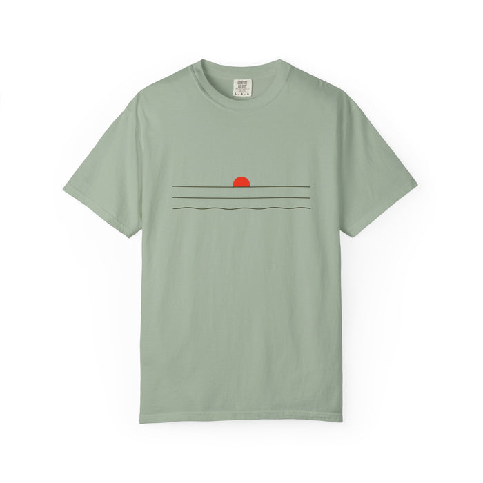 Sunset Minimalist T-Shirt — Red Sun Over Wavy Lines Tee