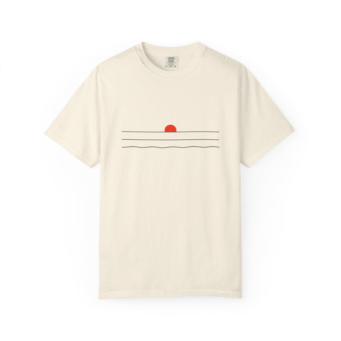 Sunset Minimalist T-Shirt — Red Sun Over Wavy Lines Tee