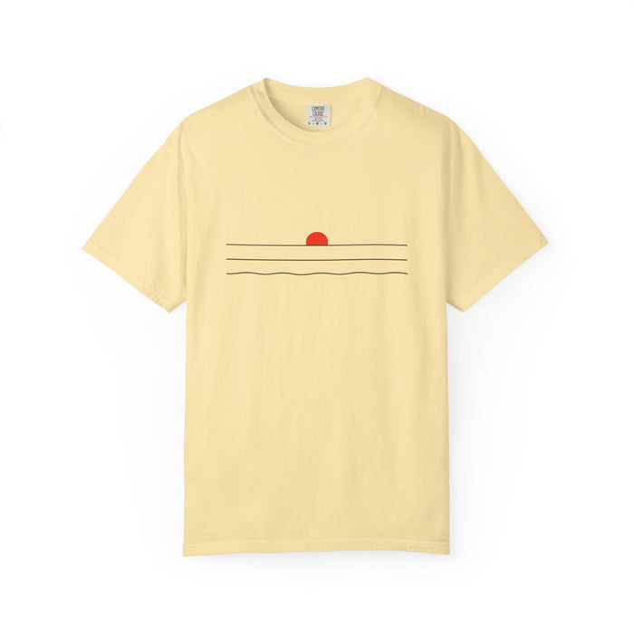 Sunset Minimalist T-Shirt — Red Sun Over Wavy Lines Tee