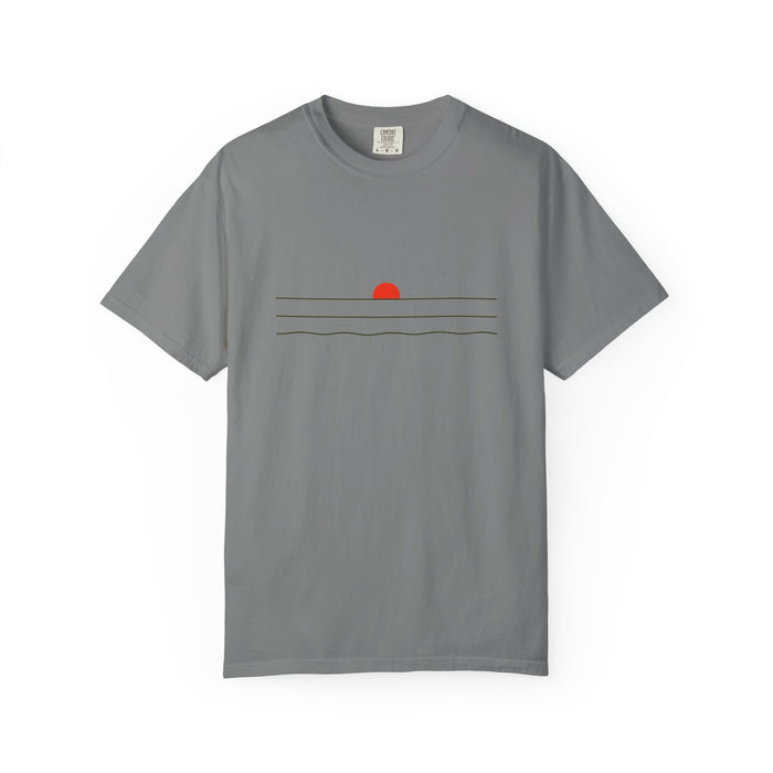 Sunset Minimalist T-Shirt — Red Sun Over Wavy Lines Tee