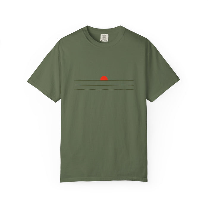 Sunset Minimalist T-Shirt — Red Sun Over Wavy Lines Tee