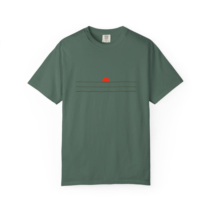 Sunset Minimalist T-Shirt — Red Sun Over Wavy Lines Tee