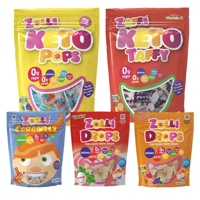 Keto bundle with 1 bag Assorted Fruit Zolli Keto Pops, 1 bag Assorted Fruit Zaffi Keto Taffy, 1 bag Zolli Caramels, and 2 bags of Zolli Drops in Peppermint and Asorted Fruit flavors.