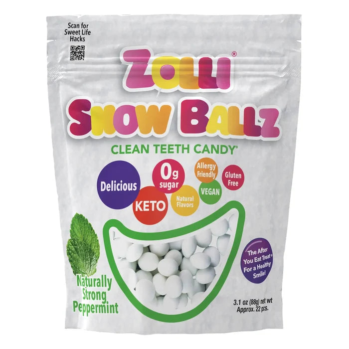 Back of bag of Zolli Snow Balls with info and nutritional label. 4 balls have 30 calories and zero sugar.