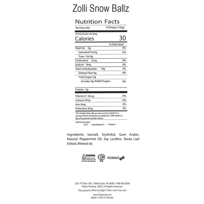 Nutrition facts label for Zolli Snow Ballz on a white background